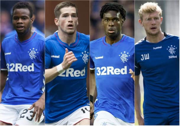 Lassana Coulibaly, Ryan Kent, Ovie Ejaria and Joe Worrall are all on loan at Rangers this season. Pictures: SNS Group
