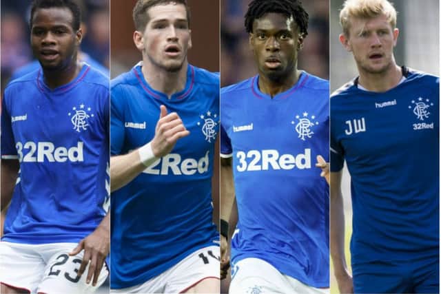 Lassana Coulibaly, Ryan Kent, Ovie Ejaria and Joe Worrall are all on loan at Rangers this season. Pictures: SNS Group