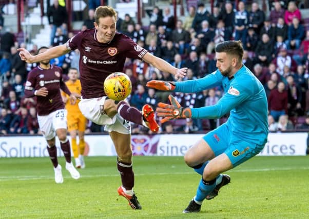 Goalkeeper Liam Kelly challenges Steven MacLean, conceding a penalty which he then saved. Picture: Alan Harvey/SNS