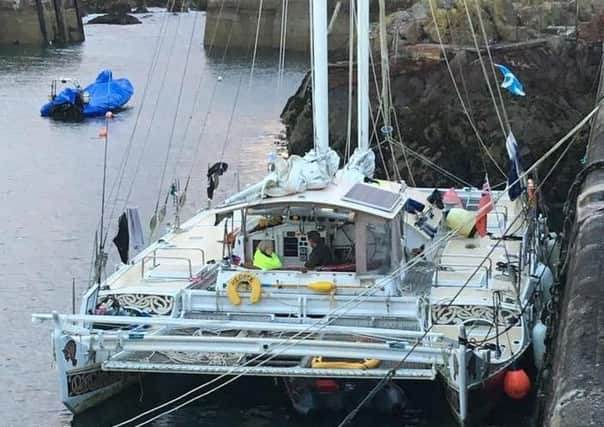 Ross Edgley, who is attempting to swim the 2,000 miles round the  coast of Britain had to shelter on board his support vessel Hecate in St Abbs Harbour and the weekend due to swell.