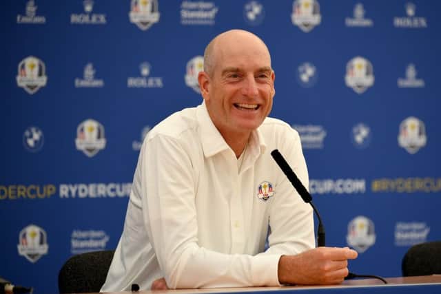 European Ryder Cup captain Thomas Bjorn with the trophy at Le Golf National in Paris yesterday. Picture: Getty.
