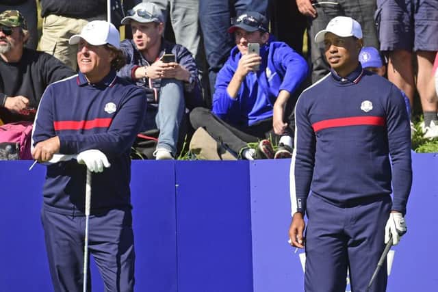 Phil Mickelson and Tiger Woods played a practice round together on Tuesday. Picture: Tom Russo