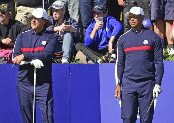 Phil Mickelson and Tiger Woods played a practice round together on Tuesday. Picture: Tom Russo