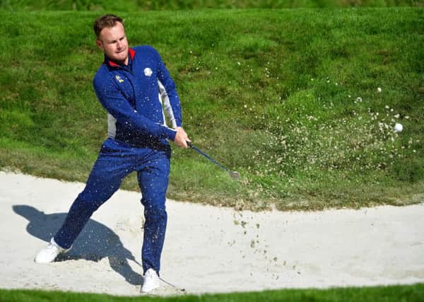 Europe's  Tyrrell Hatton plays from a bunker during practice ahead of the 2018 Ryder Cup.  Picture: Stuart Franklin/Getty Images
