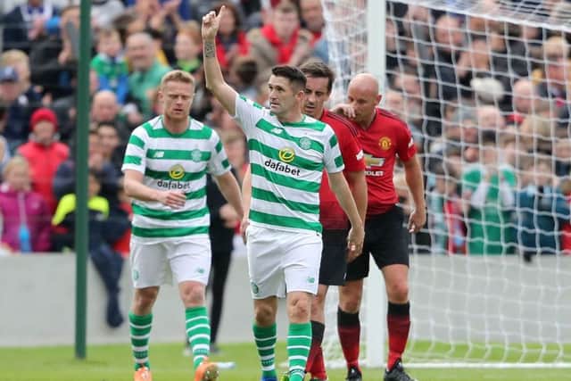 Robbie Keane celebrates scoring during the Liam Miller tribute match in Cork. Picture: Niall Carson/PA Wire