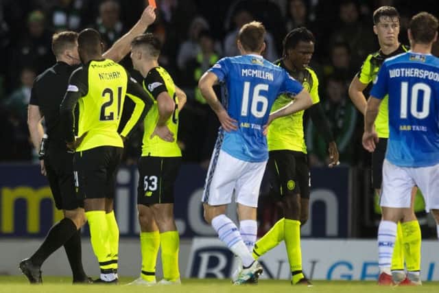 Celtic's Dedryck Boyata is shown a late red card. Picture: SNS/Craig Williamson