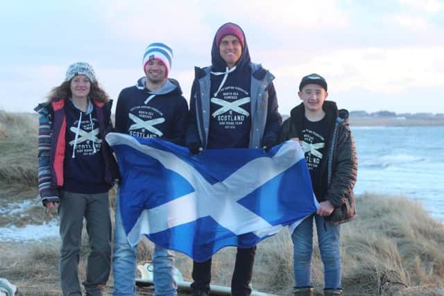 Mark Boyd (second from right) and other members of the Scottish Surf Team at the 2017 Nordic Surf Games in JÃ¦ren, Norway where Megan Mackay (left) became the first Scot to win an international surfing contest. PIC: Scottish Surfing Federation