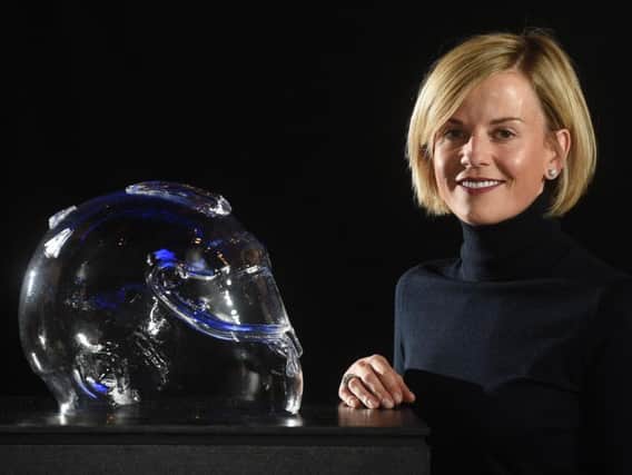 Susie Wolff unveiled the crystal glass sculpture based on her personalised helmet at the Scottish National Portrait Gallery today.