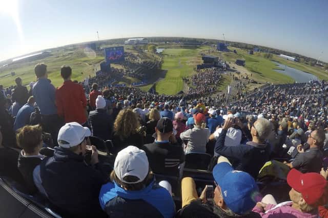 A view from the back of the grandstand overlooking the 1st tee at Le Golf National. Picture: AP Photo/John Leicester