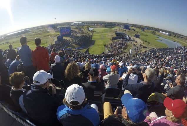 A view from the back of the grandstand overlooking the 1st tee at Le Golf National. Picture: AP Photo/John Leicester