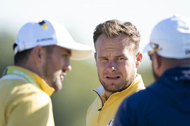 Europe's Tyrrell Hatton with his Scottish caddie Mark Crane during Ryder Cup practice. Picture: Tom Russo