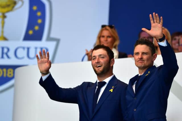European rookie Jon Rahm, left, will partner Justin Rose in the opening fourballs. Picture: Stuart Franklin/Getty