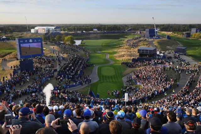 The first tee at Le Golf National as the 42nd Ryder Cup got underway this morning. Picture: Getty Images