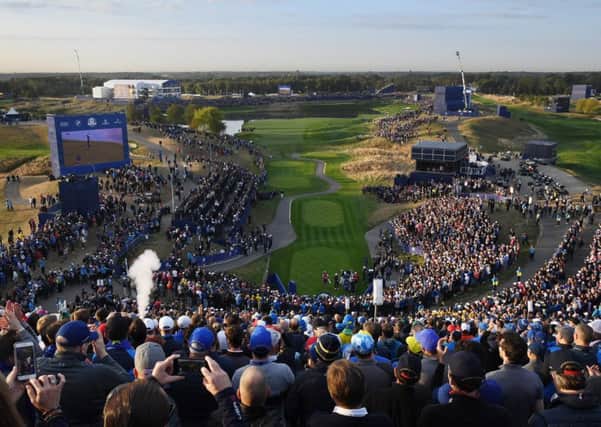 The first tee at Le Golf National as the 42nd Ryder Cup got underway this morning. Picture: Getty Images