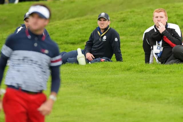 Neil Lennon, right, watches Bubba Watson at the 2014 Ryder Cup at Gleneagles. Picture: Alan Harvey/SNS