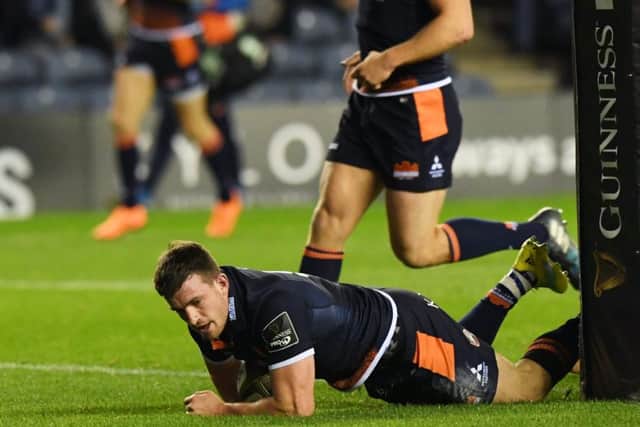 Edinburgh Rugby's Matt Scott scores a try. Pic: SNS/SRU Gary Hutchison