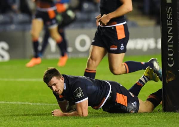 Edinburgh Rugby's Matt Scott scores a try. Pic: SNS/SRU Gary Hutchison