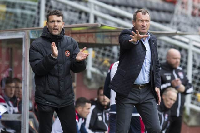 Dundee United manager Csaba Laszlo (R) with coach Laurie Ellis. Pic: SNS/Kenny Smith