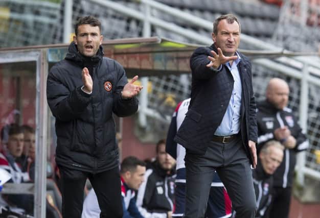 Dundee United manager Csaba Laszlo (R) with coach Laurie Ellis. Pic: SNS/Kenny Smith