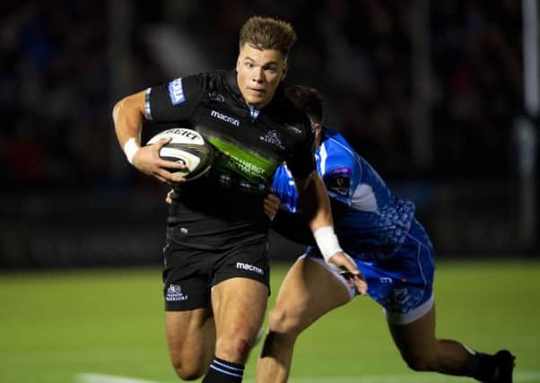 Glasgow Warriors' Huw Jones breaks clear to score a second half try. Picture: Ross Parker/SNS