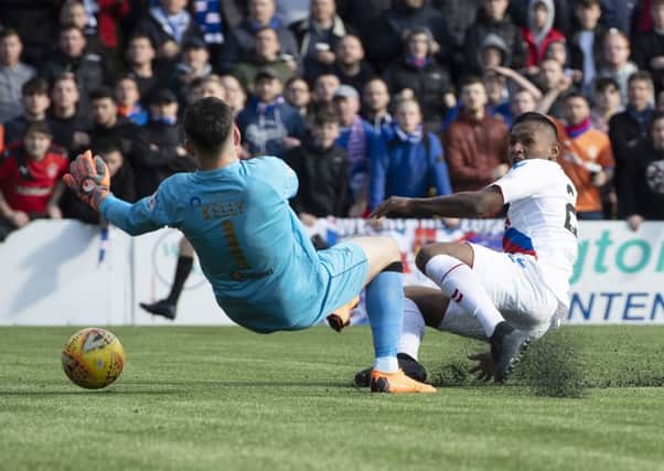 Alfredo Morelos has a second-half shot saved by Livingston goalkeeper Liam Kelly. Picture: SNS
