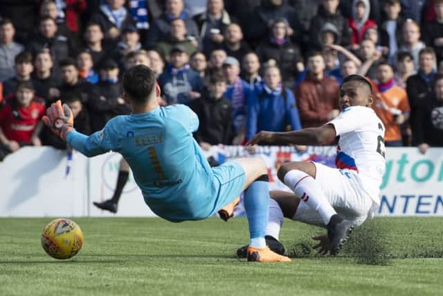 Alfredo Morelos has a second-half shot saved by Livingston goalkeeper Liam Kelly. Picture: SNS
