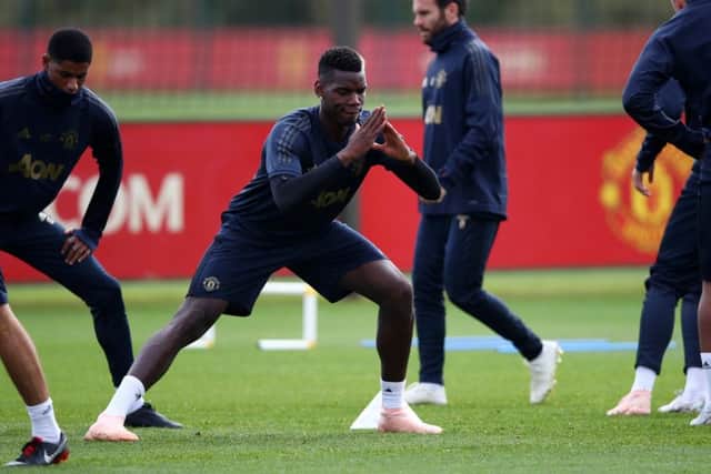 Manchester United midfielder Paul Pogba trains yesterday ahead of tonights  clash with Valencia. Picture: Getty.