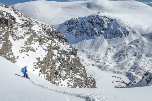 Stevie McKenna, in front of the lens for once and about to drop into Diagonal Gully near the CairnGorm Mountain ski area