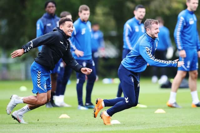 Rangers' James Tavernier, left, and Andrew Halliday in training. Picture: Ian MacNicol/Getty