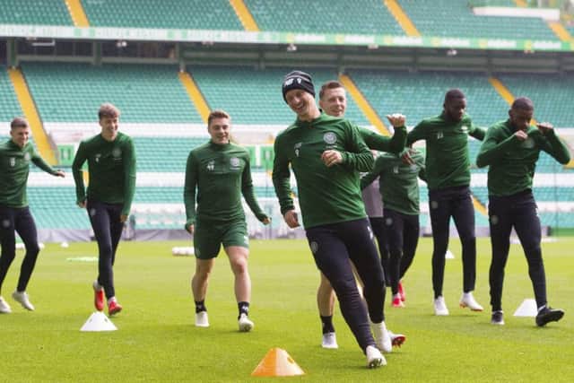 Leigh Griffiths leads training at Celtic Park on Wednesday ahead of the Europa League tie in Austria against Salzburg. Picture: SNS