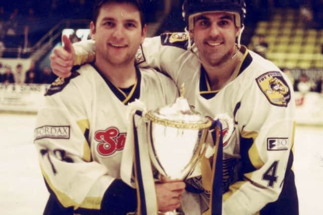 Fife Flyers - British champions, 2000. David Smith (left) and captain, Frank Morris, on-ice with the silverware