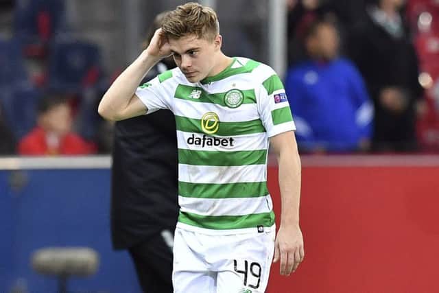 Celtic's James Forrest is sent off. Picture: Kerstin Joensson/AP