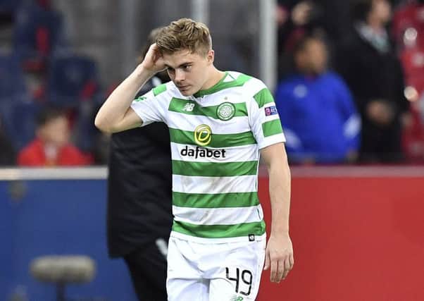 Celtic's James Forrest is sent off. Picture: Kerstin Joensson/AP