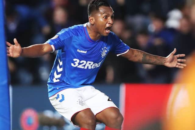 Alfredo Morelos of Rangers celebrates after he scores his second and his team's third goal against Rapid. Picture: Ian MacNicol/Getty Images