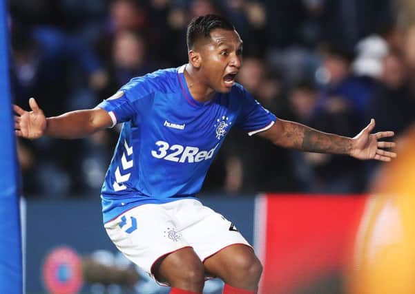 Alfredo Morelos of Rangers celebrates after he scores his second and his team's third goal against Rapid. Picture: Ian MacNicol/Getty Images