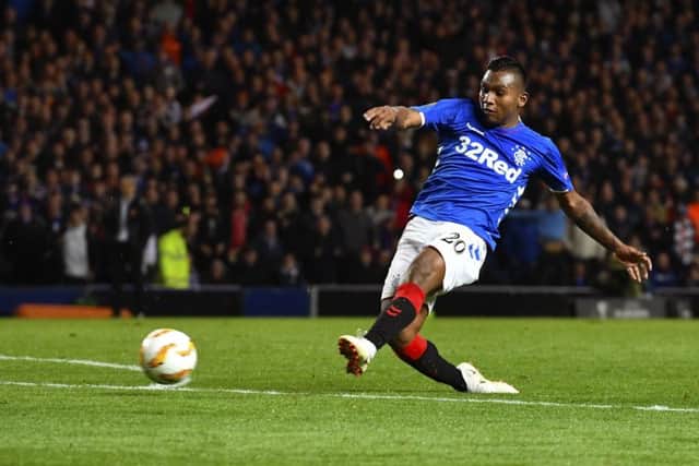 Alfredo Morelos scores Rangers' third goal in their 3-1 victory over Rapid Vienna last night. Picture: Rob Casey.