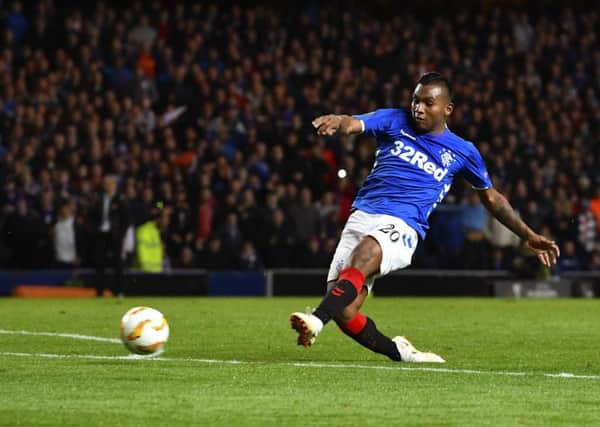 Alfredo Morelos scores Rangers' third goal in their 3-1 victory over Rapid Vienna last night. Picture: Rob Casey.