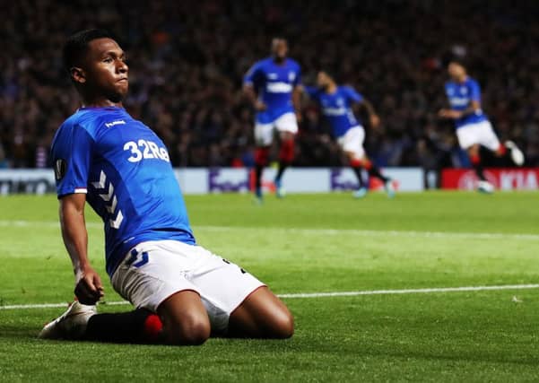 Alfredo Morelos celebrates scoring Rangers' equaliser in their victory over Rapid Vienna. Picture: Getty