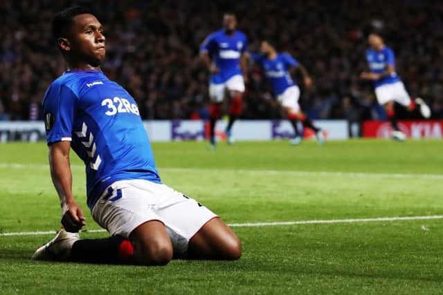 Alfredo Morelos celebrates scoring Rangers' equaliser in their victory over Rapid Vienna. Picture: Getty