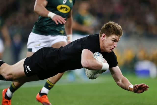 Jordie Barrett scores a try for New Zealand against South Africa at Westpac Stadium in Wellington. Picture: Anthony Au-Yeung/Getty