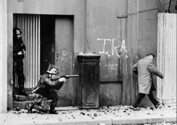 British army soldiers patrolling in the Bogside quarter of the city of Derry in 1971. Picture: Getty