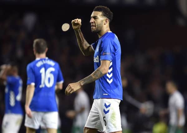 Rangers' Connor Goldson celebrates win over Rapid Vienna. Pic: SNS