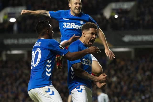 James Tavernier celebrates after scoring against Rapid Vienna. Pic: SNS