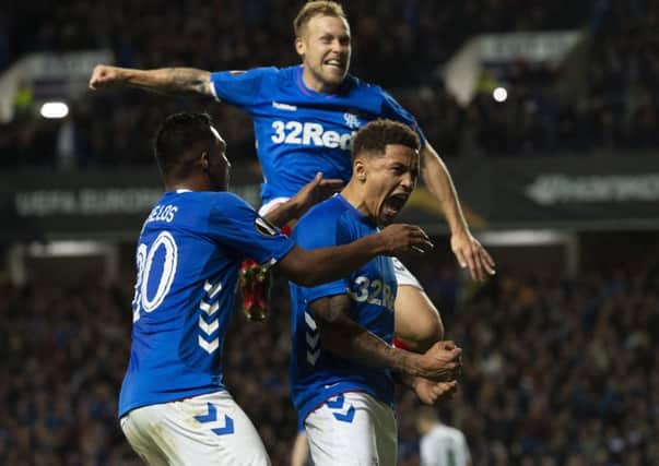 James Tavernier celebrates after scoring against Rapid Vienna. Pic: SNS