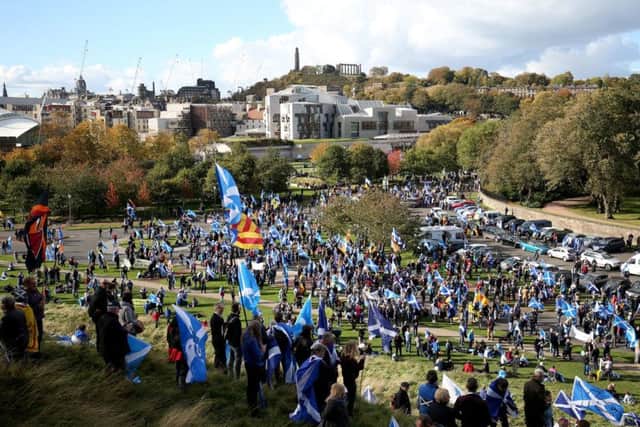 Pro-independence supporters march through Edinburgh, during the All Under One Banner march. Picture: Jane Barlow/PA Wire.