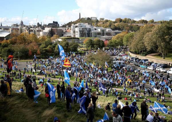 Pro-independence supporters march through Edinburgh, during the All Under One Banner march. Picture: Jane Barlow/PA Wire.
