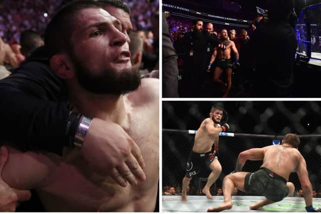 Khabib Nurmagomedov (left) is restrained after jumping in to the crowd to confront Conor McGregor's camp following his UFC victory over the Irishman. Pictures: Getty