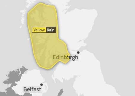 Yellow warnings are in place for parts of Scotland on Sunday, Monday and Tuesday. Monday's warning is pictured here. Picture: Met Office