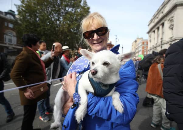 A campaigner and her dog take part in the 'Wooferendum march' in central London. Picture: PA