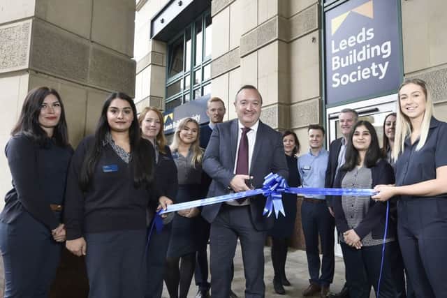 Graham Binns (centre), Leeds Building Society's head of branch network, opens new Edinburgh branch with colleagues. Picture: Neil Hanna Photography